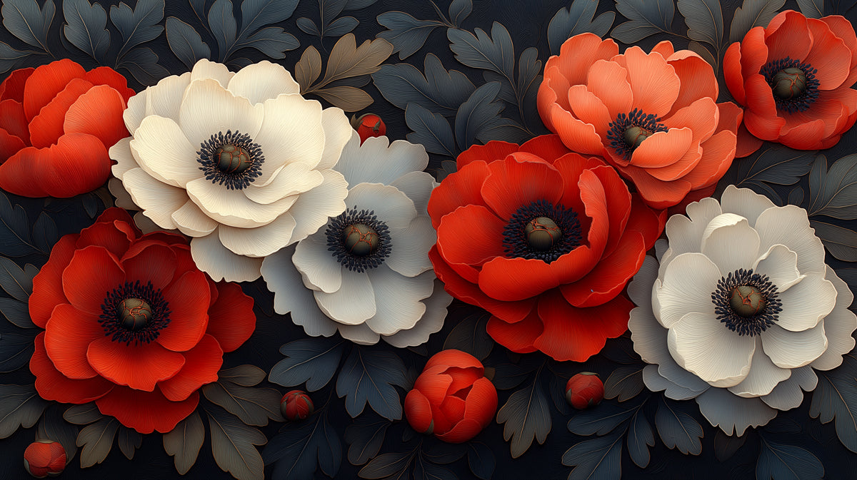 Bold Red and White Floral Mural Wallpaper, Artistic Anemone Flower Wall Art, Modern Home Decor for Living Room or Bedroom
