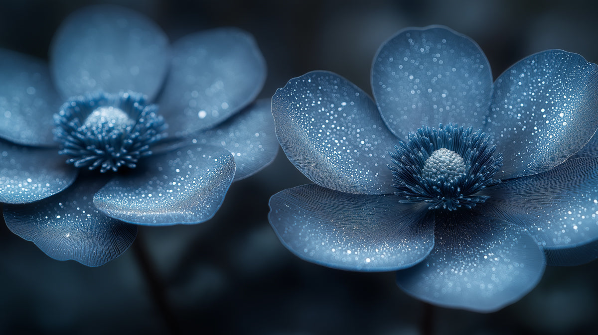 Elegant Blue Floral Mural with Dew Drops, Anemone Wallpaper, Dreamy and Modern Botanical Wall Art for Bedroom or Living Room