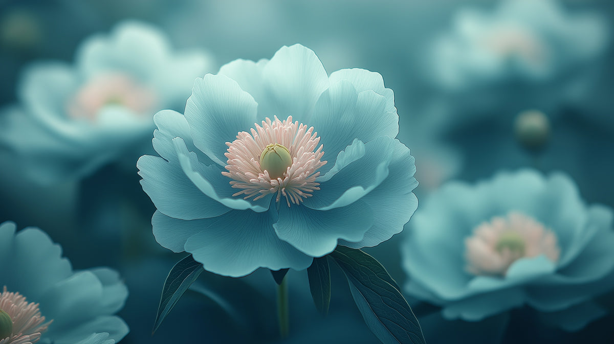 Soft Blue Peony Flower Mural with Delicate Details, Floral Wallpaper, Elegant Modern Wall Art for Bedroom or Living Room