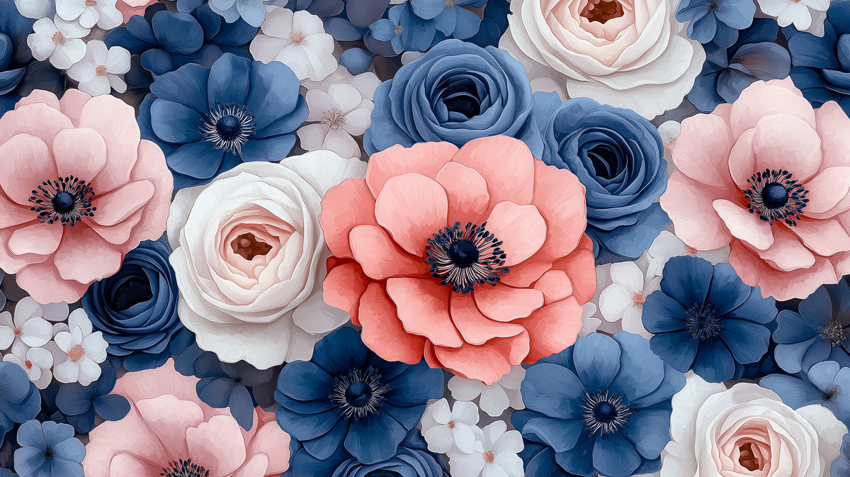 Vibrant Floral Mural with Coral, Navy & White Flowers, Elegant Modern Wallpaper for Bedroom or Living Room