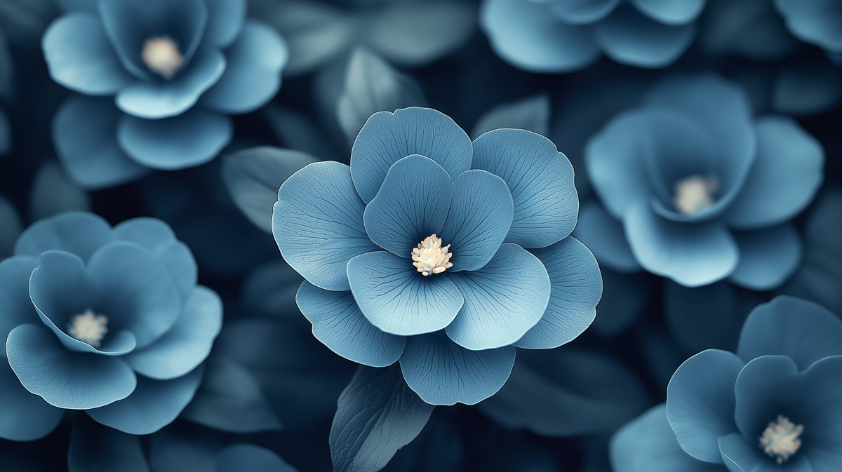 Tiefblauer Blumenmural-Wandbezug, Eleganter blauer botanischer Wandkünstler, Große Wasserfarbenblumen für Schlafzimmer, Wohnzimmer, Büro