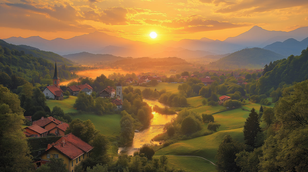Sunset Village Landscape Mural Wallpaper, Warm Golden Nature Wall Art, Countryside Scenic Wall Mural for Living Room Bedroom