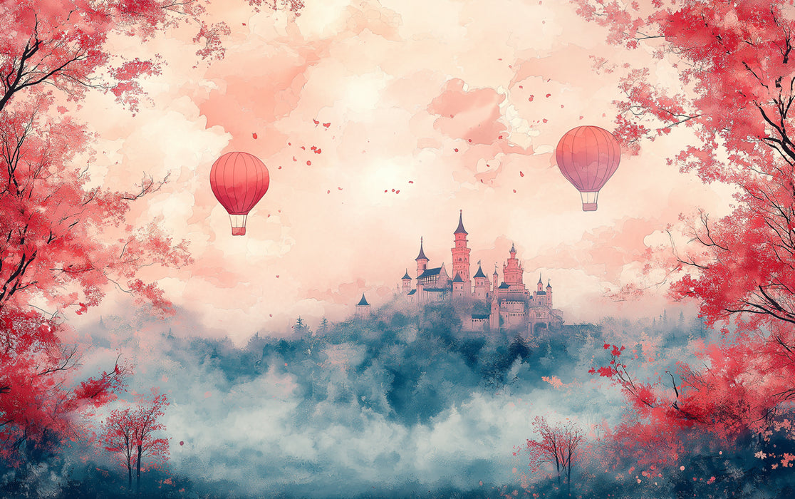 Fantasy Castle Mural Wallpaper, Red Forest Hot Air Balloons Wall Art, Magical Kids Room Nursery Wall Decor, Dreamy Fairytale Mural