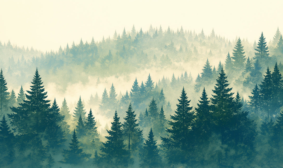 Misty Forest Mural Wallpaper | Green Blue and Beige Forest