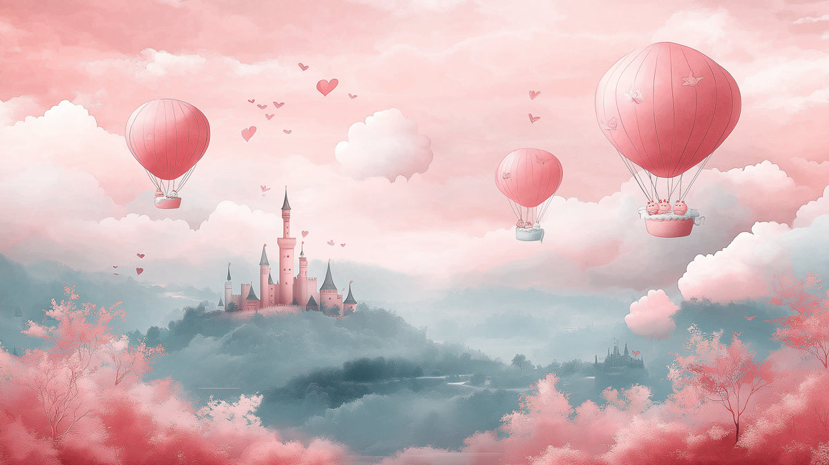 Romantic Skies Castle Mural Wallpaper | Heart-Filled Hot Air Balloons