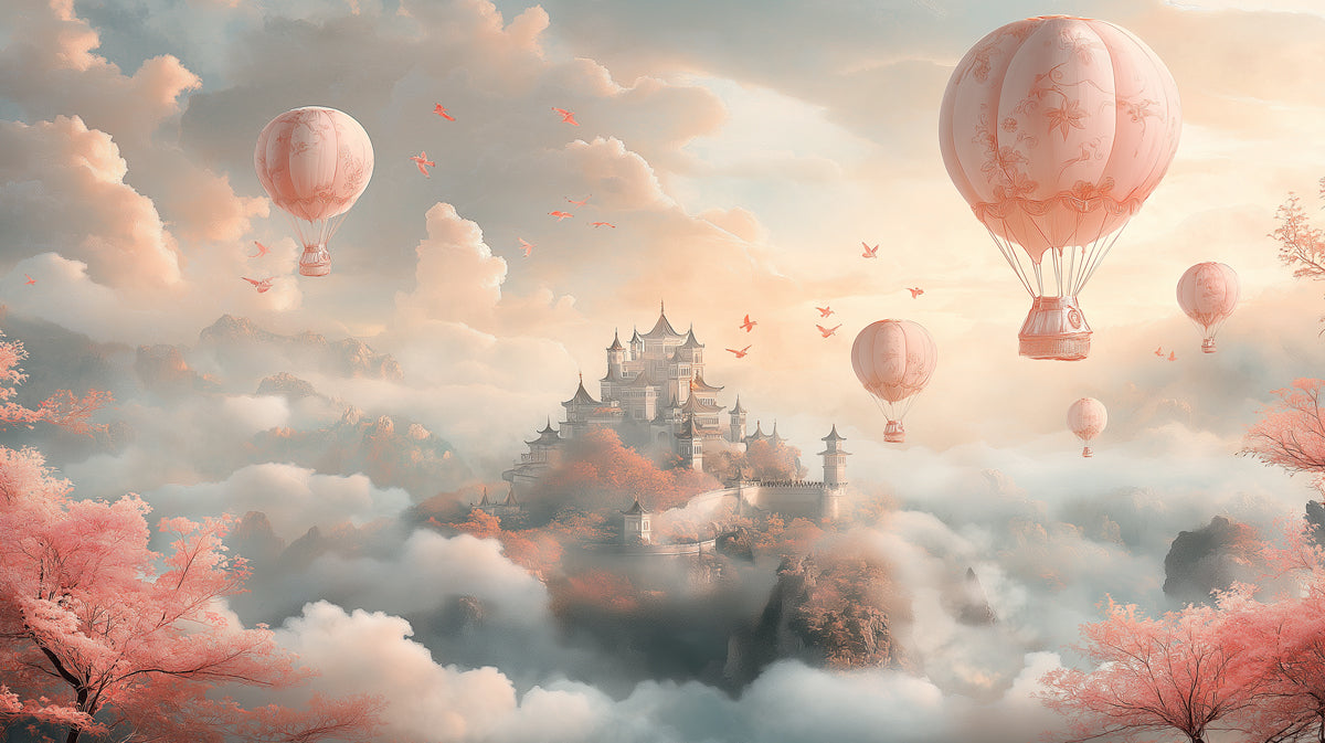 Misty Peak Castle Mural Wallpaper | Ethereal Hot Air Journey