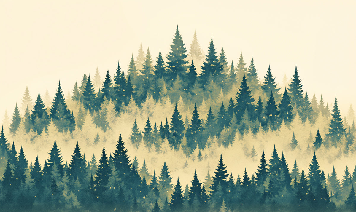 Misty Forest Mural Wallpaper | Green, Blue and Beige Forest -1