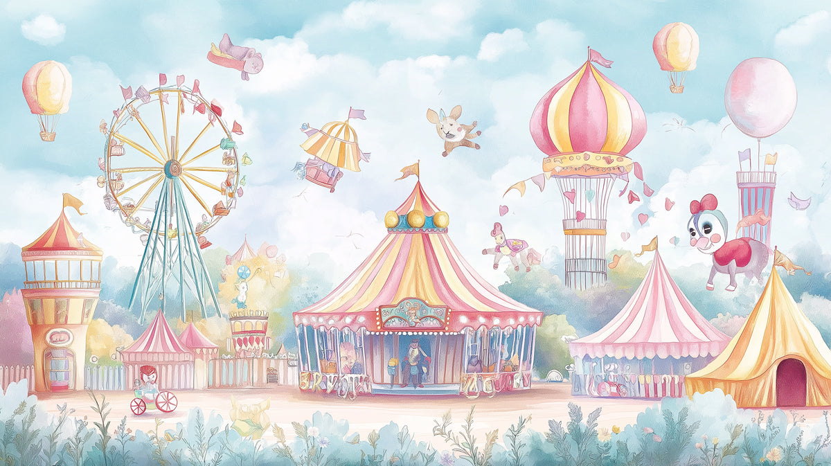 Whimsical Carnival Mural Wallpaper | Pastel Fairground Fantasy for Kids Room