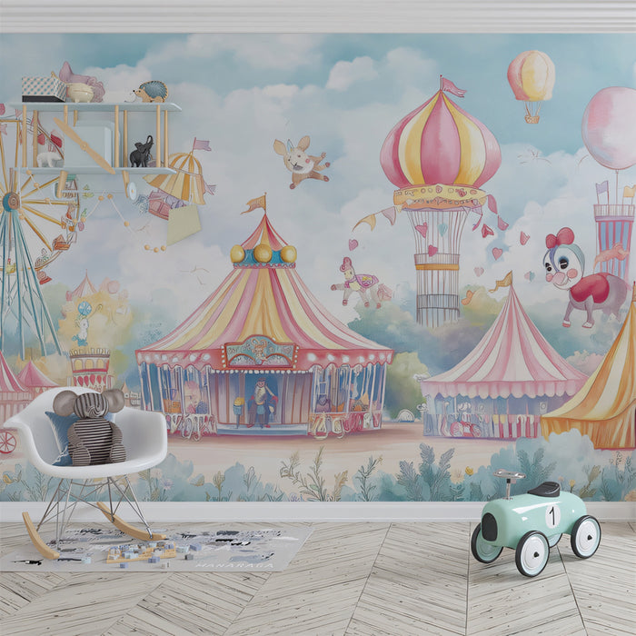 Whimsical Carnival Mural Wallpaper | Pastel Fairground Fantasy for Kids Room