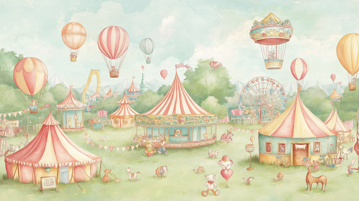 Vintage Fairground Wallpaper Mural | Soft Carnival Scene with Hot Air Balloons