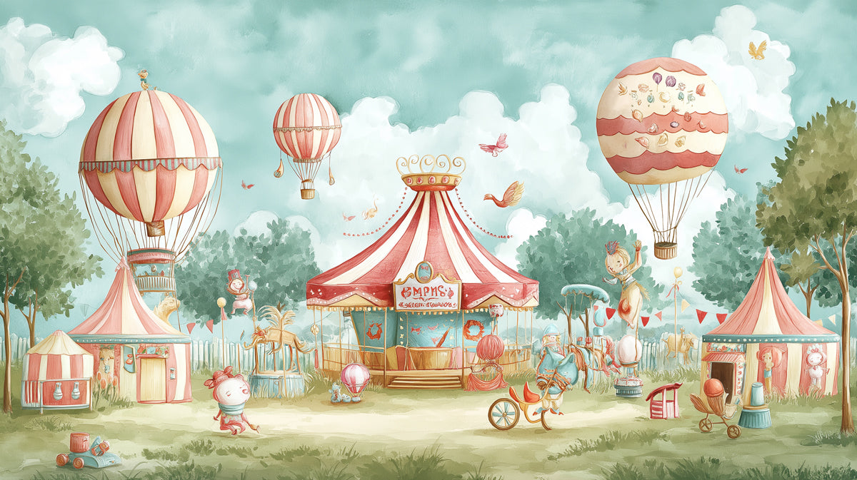 Circus Adventure Mural Wallpaper | Whimsical Fairground Scene for Kids Room