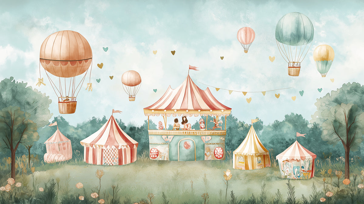 Hot Air Balloon Mural Wallpaper | Dreamy Carnival Illustration for Kids Interiors