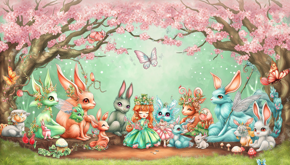 Enchanted Bunny Garden Mural | Pastel Fantasy Forest Scene with Fairy Rabbits
