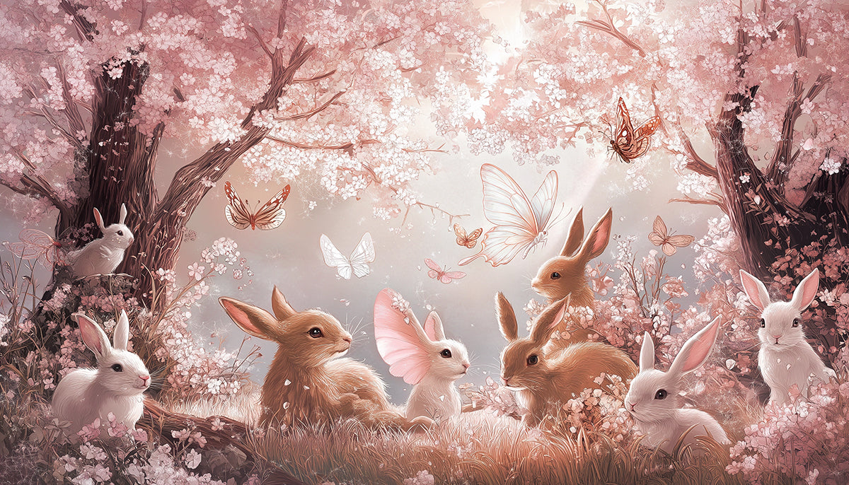 Sakura Bunny Meadow Wallpaper | Scena Boschiva Dolce in Rosa Pallido e Crema
