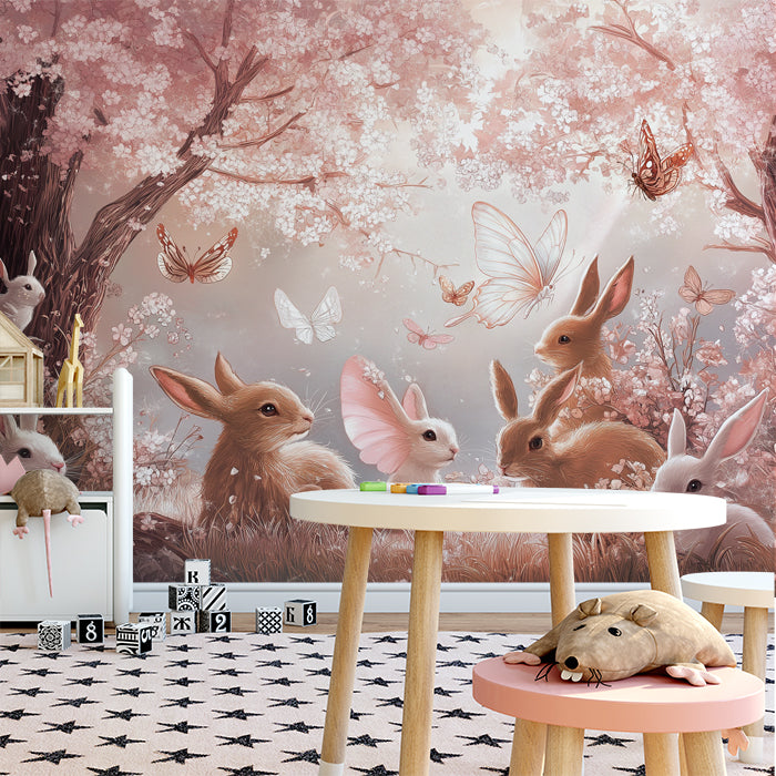 Sakura Bunny Meadow Wallpaper | Scena Boschiva Dolce in Rosa Pallido e Crema