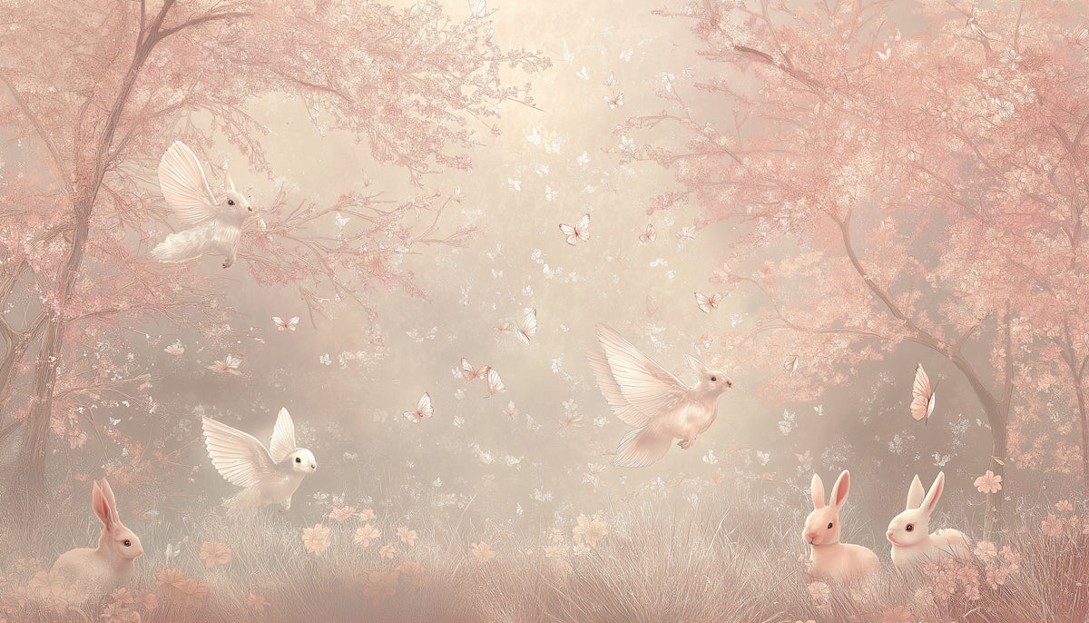 Blush Forest Bird & Bunny Mural | Tranquil Sakura Woodland Wall Art