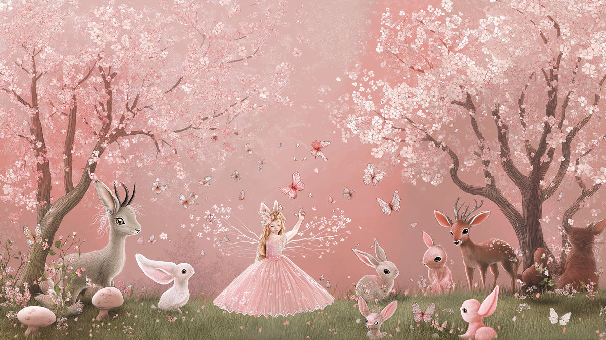 Enchanted Cherry Blossom Forest Mural | Fairy Princess & Woodland Friends