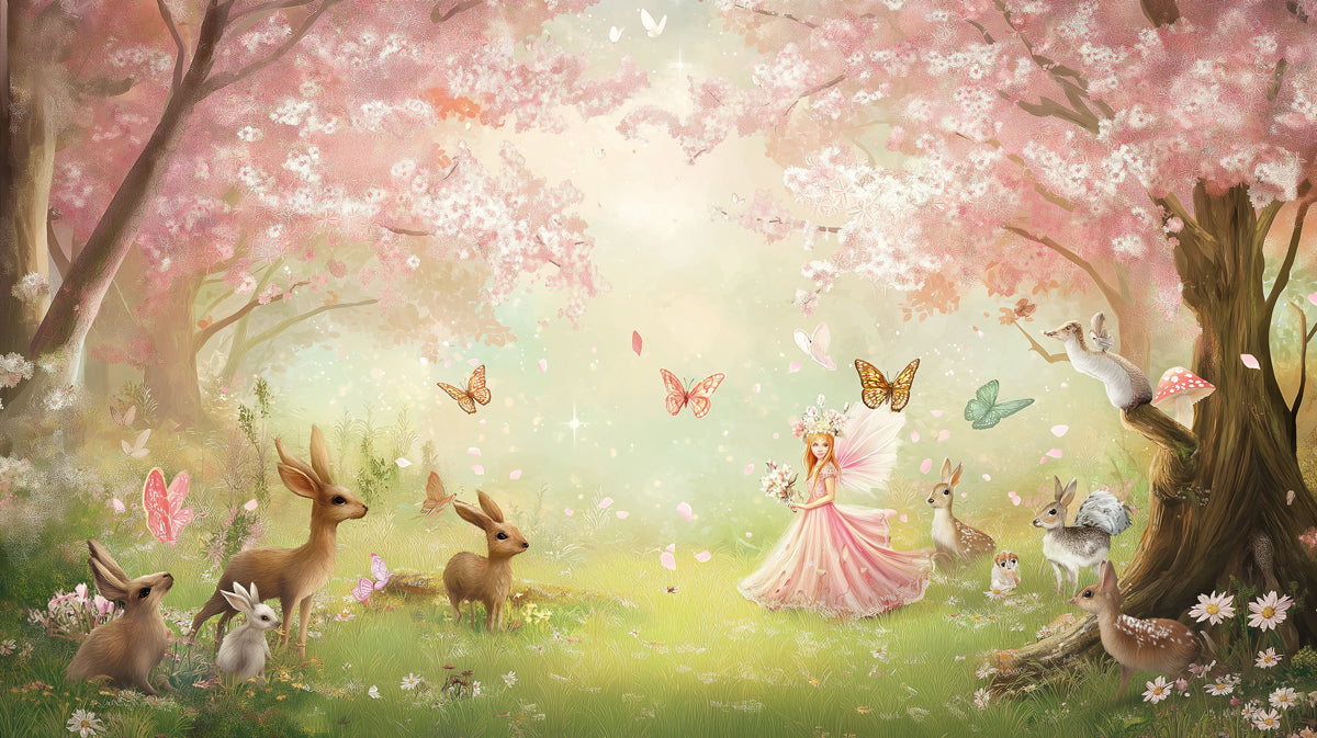 Garden Fairy Mural Wallpaper | Light Fantasy Forest with Deer and Blossoms