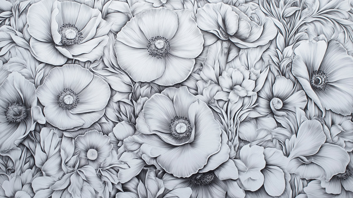 Monochrome Peony Field Mural | Hand-Drawn Botanical Wall Art