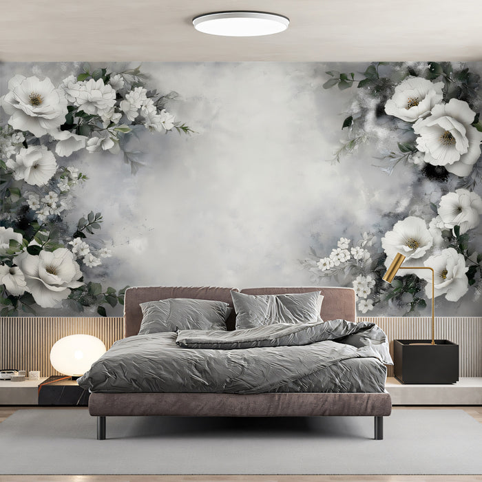 Elegant White Floral Frame Wallpaper | Romantic Watercolor Garden Design