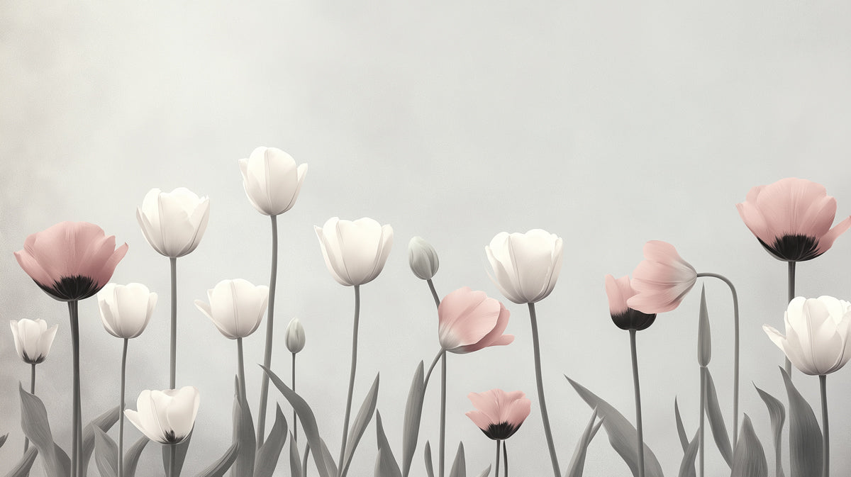 Papier peint du jardin de tulipes douces | Champ minimaliste pastel avec des fleurs roses et blanches