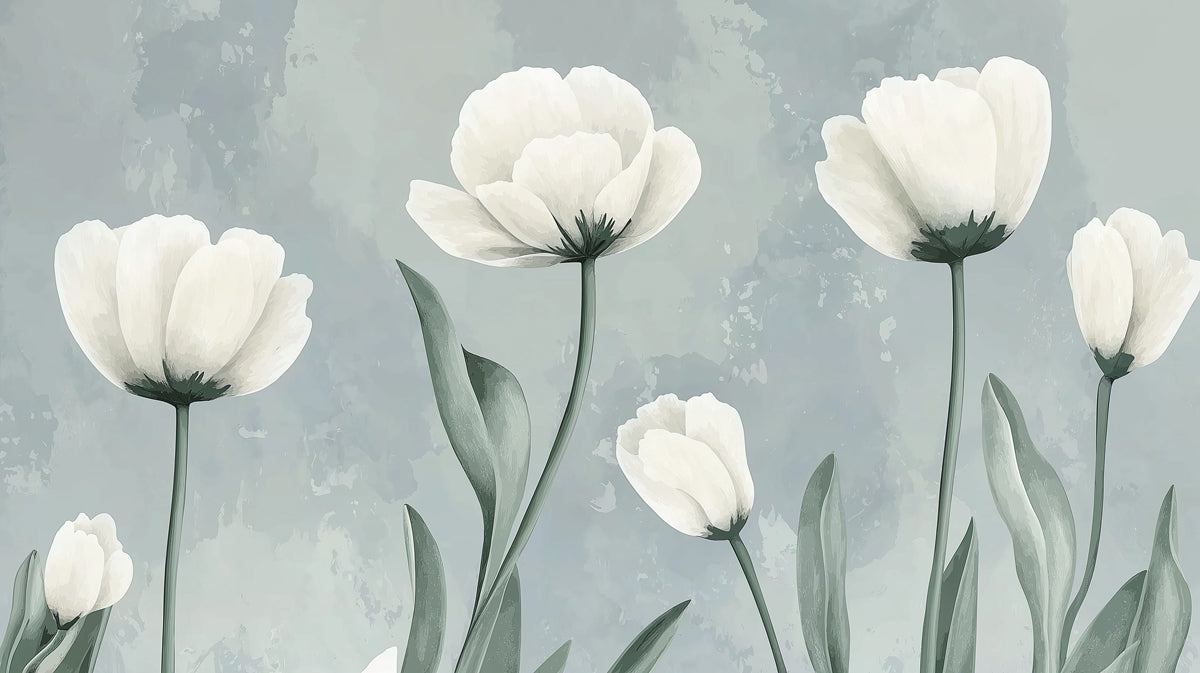 Soft Green Tulip Field Mural | Hand-Painted Botanical with Calming Blue Tones