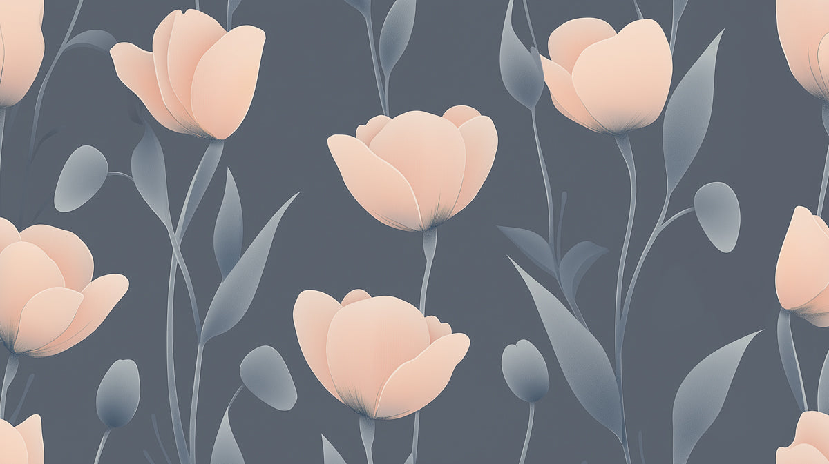 Murale floreale con petali di pesca | Tulipani astratti delicati su sfondo antracite