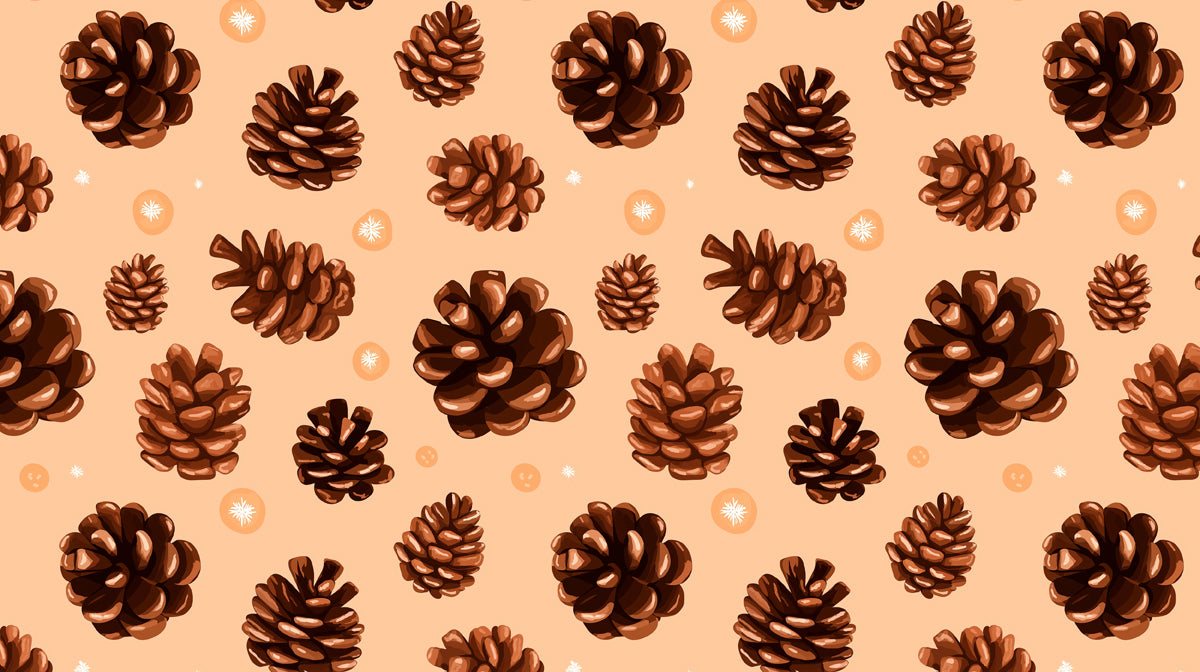 Hand-Painted Brown Pinecones on Soft Peach | Festive Natural Pattern