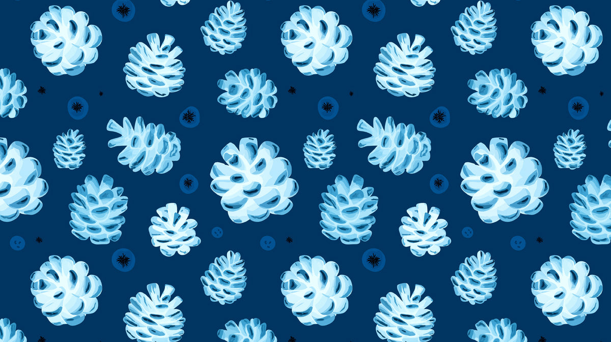 Pigne Blu Ghiaccio su Blu Mezzanotte | Illustrazione della Natura Invernale