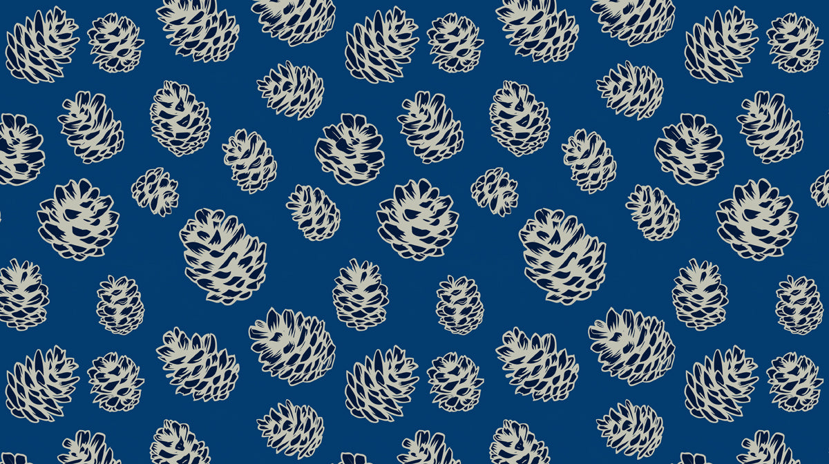 Midnight Pine Motif | Ivory Cones on Deep Blue Canvas