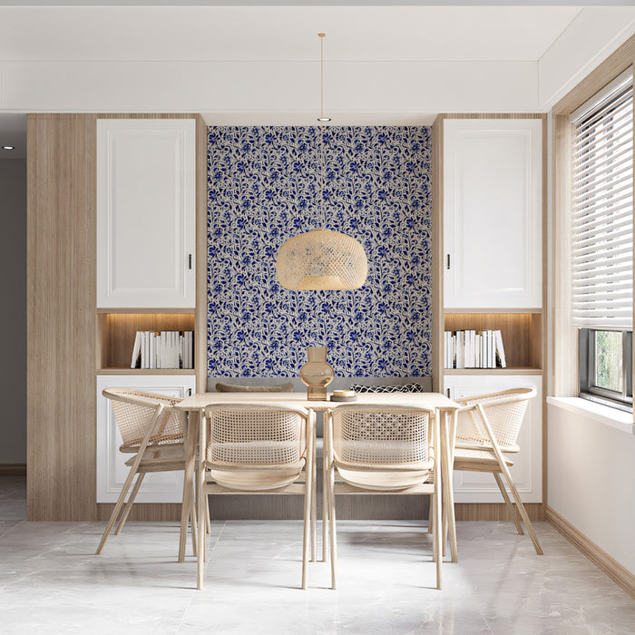 Classic blue floral mural wallpaper installed in a bright modern dining room