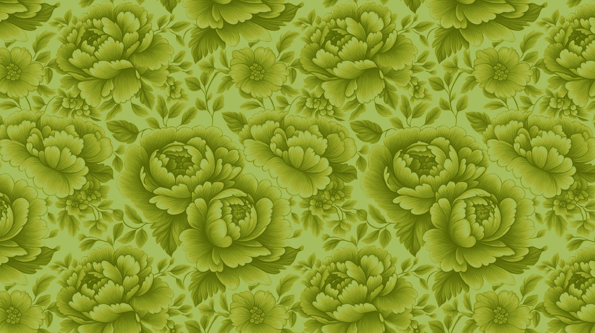 Fresh Lime Peony Serenity Mural Wallpaper | Monochromatic Botanical Bliss
