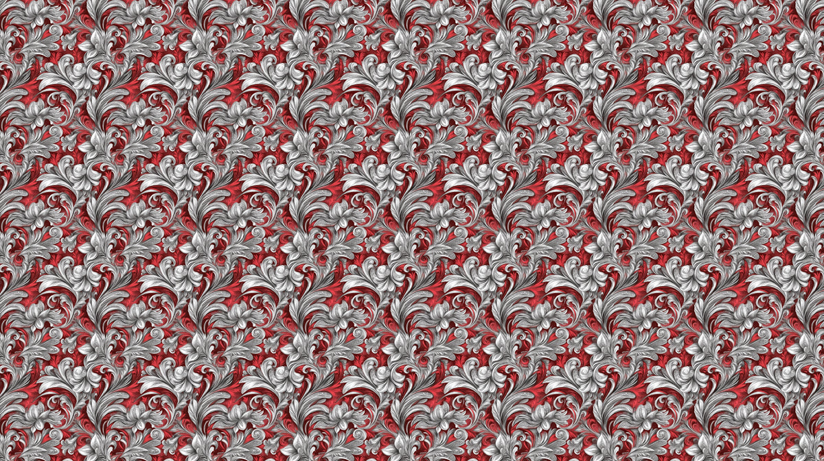 Intricate Silver Scrollwork Mural Wallpaper | Refined Red Opulence