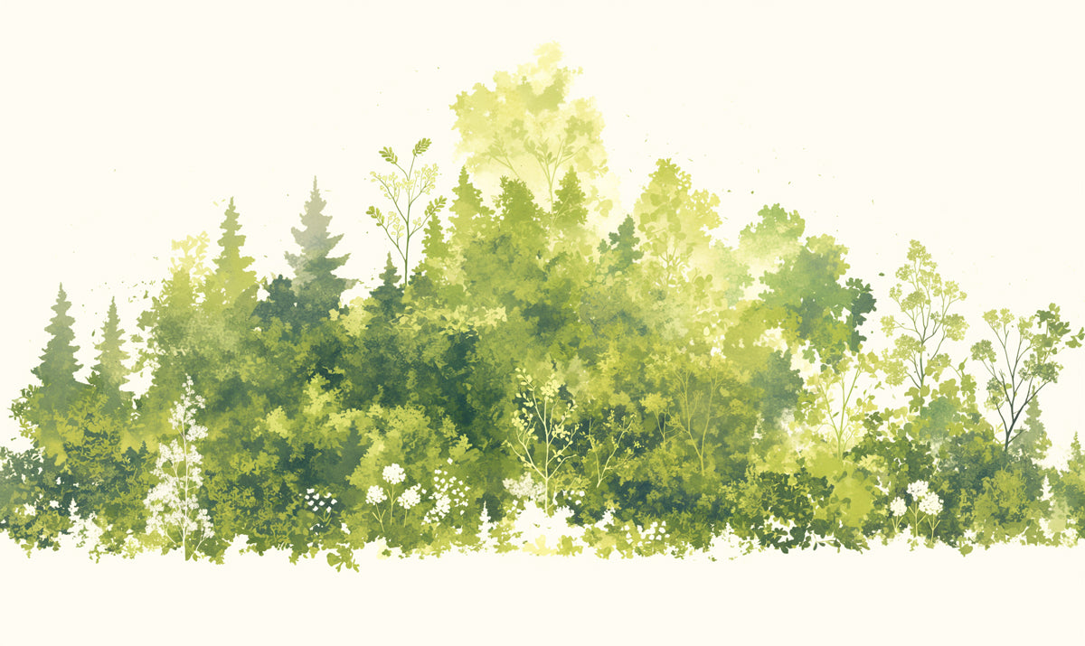 Papel tapiz mural de bosque verde exuberante | Diversas tonalidades de verde y amarillo del bosque -1 