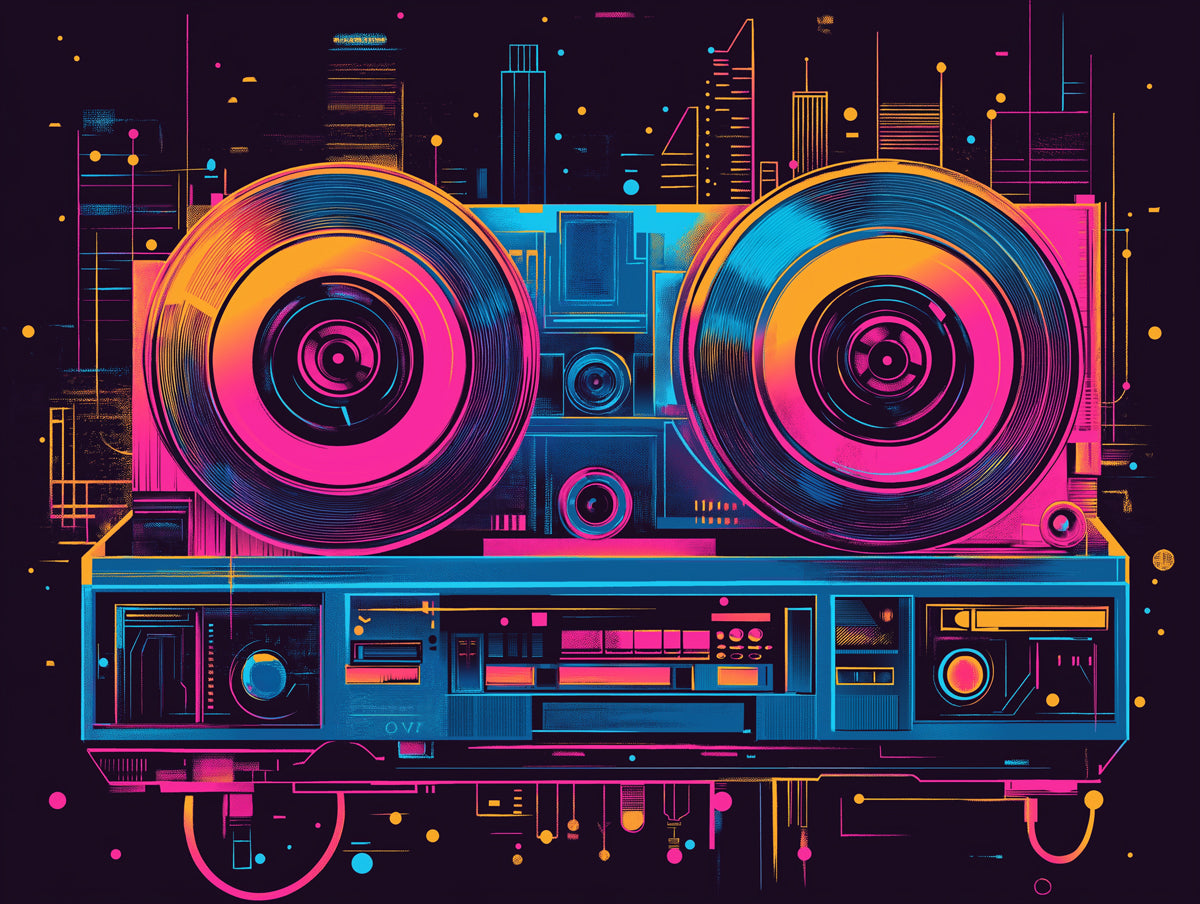 Neon Reel-to-Reel Cityscape Mural Wallpaper | Retro-Futuristic Groove