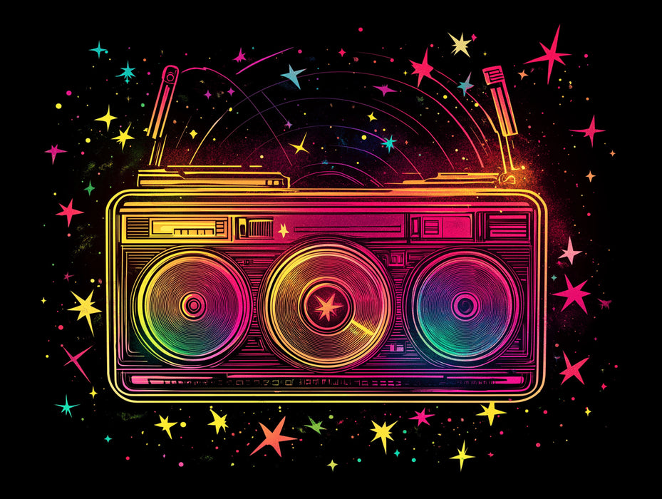 Muro party Cosmic Boombox | Sfondo murale a stella brillante e neon vibrante