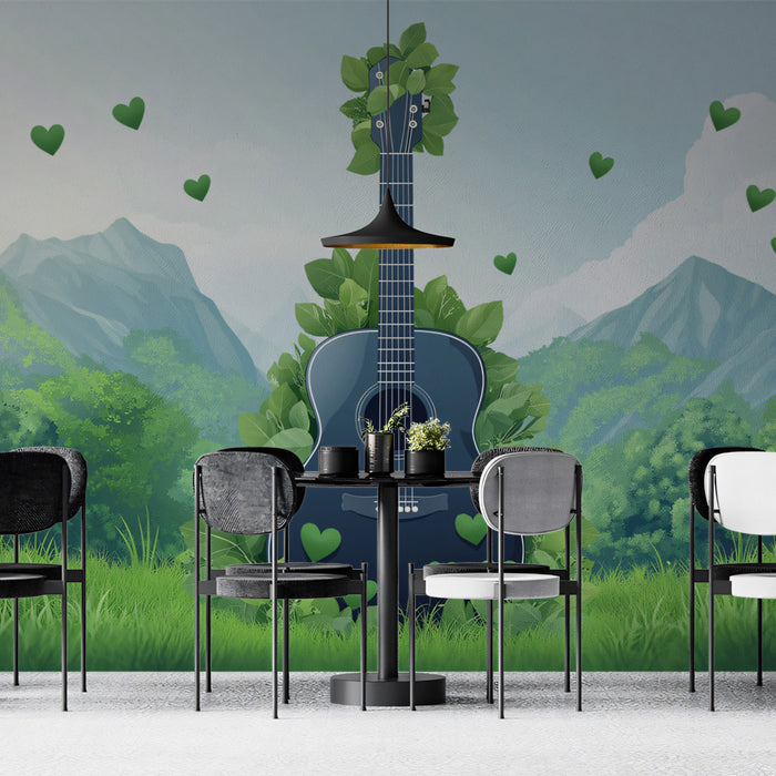 Verdant Guitar Heart Mural Wallpaper | Lush Green Harmony