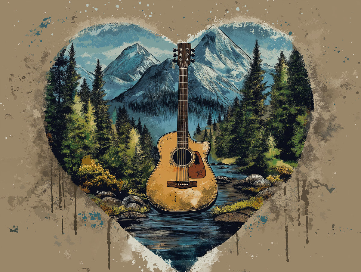 Rustic Guitar Heartscape Mural Wallpaper | Artistic Wilderness Melody
