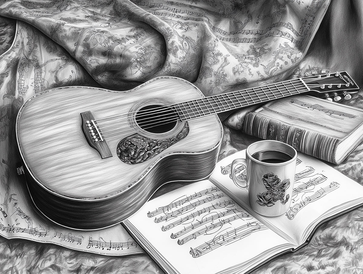 Graphite Guitar Melody Mural Wallpaper | Artistic Monochromatic Harmony