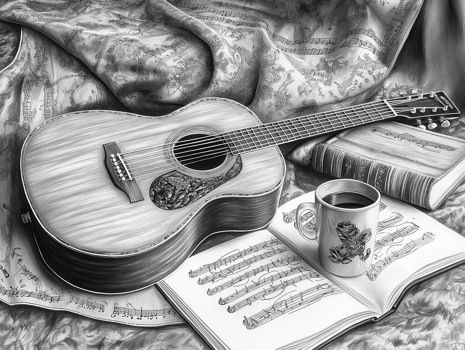 Graphite Guitar Melody Mural Wallpaper | Artistic Monochromatic Harmony