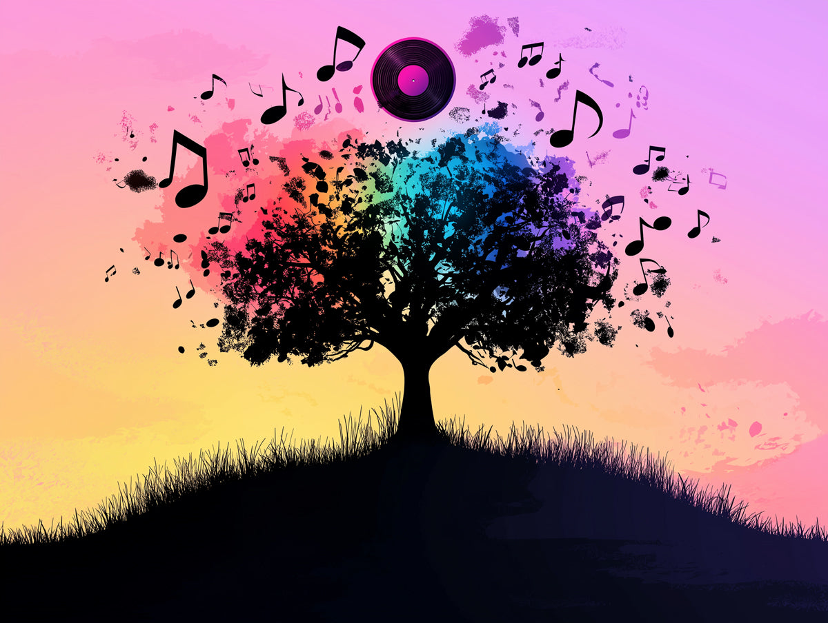 Papel tapiz mural de árbol de notas musicales flotantes | Ascenso etéreo melódico