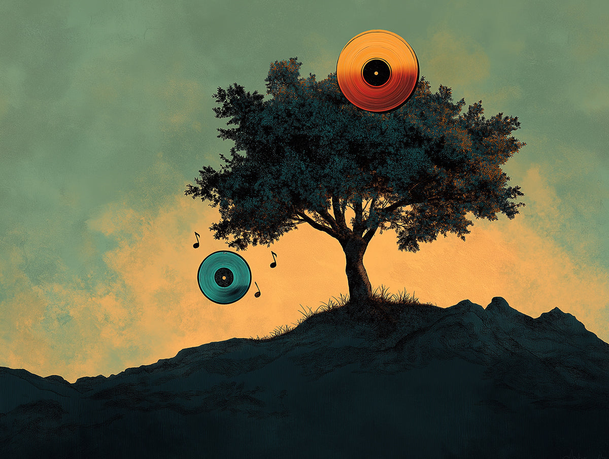 Papier peint mural de l'arbre de musique silhouette du coucher de soleil | Sérénade vinyle mélancolique