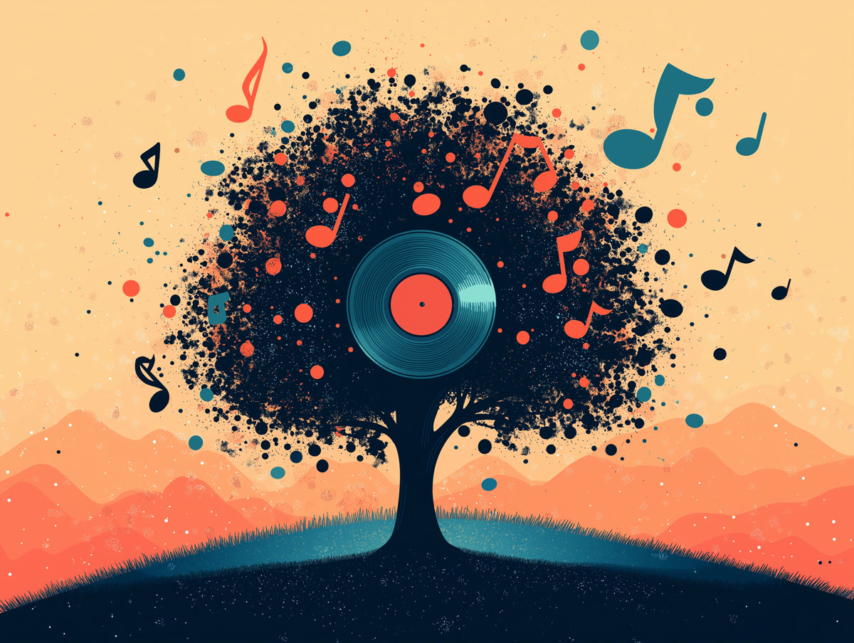 Bunte Partikel - Musik - Baum - Wandmalerei - Tapete | Lebendige melodische Dispersion