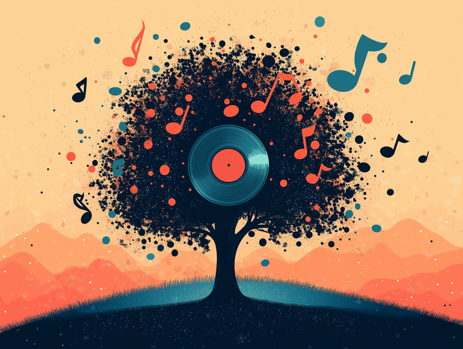 Bunte Partikel - Musik - Baum - Wandmalerei - Tapete | Lebendige melodische Dispersion