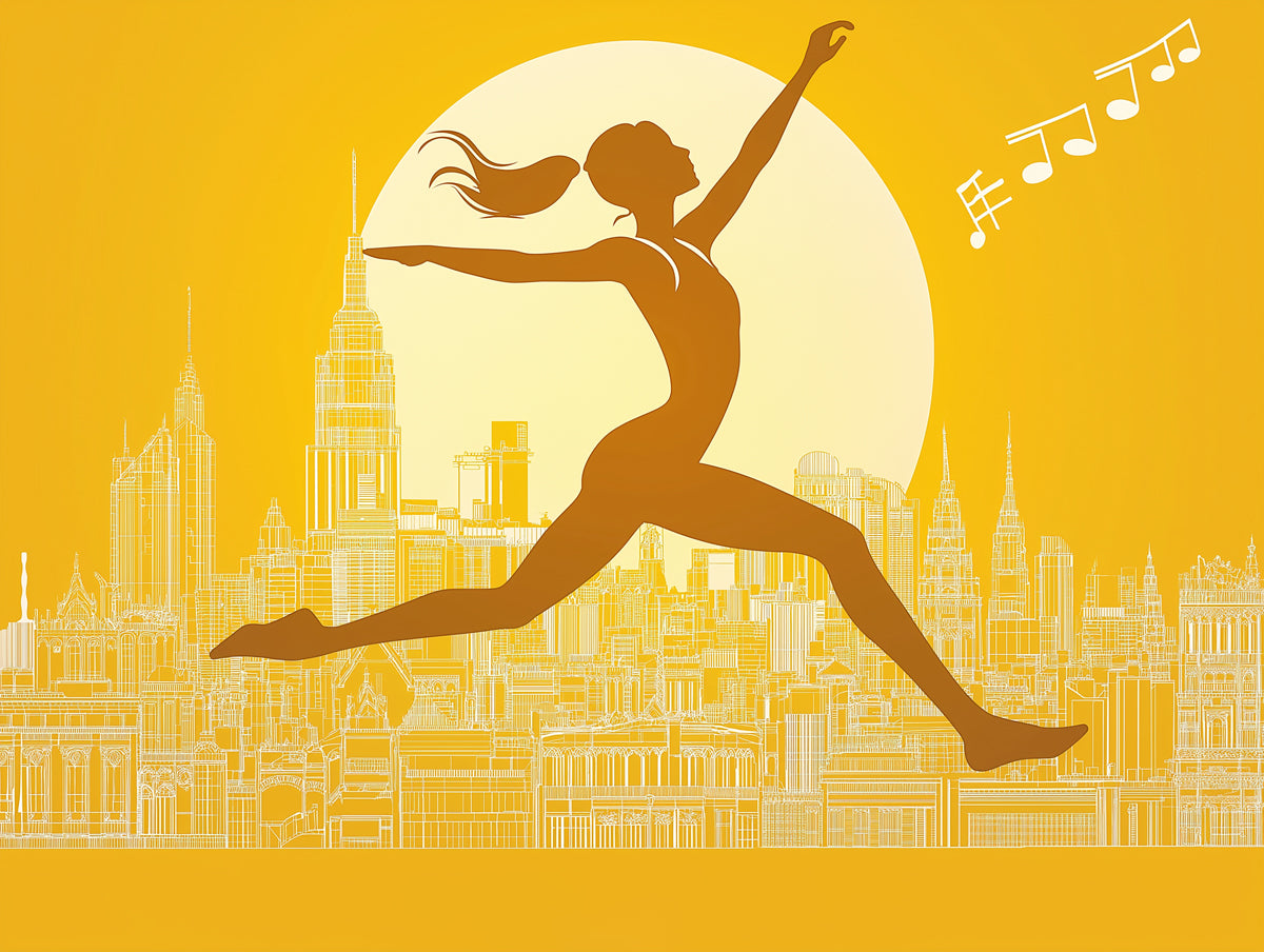 Ballerino della Città nel Muro Murale di Luce Dorata | Movimento Urbano e Melodia