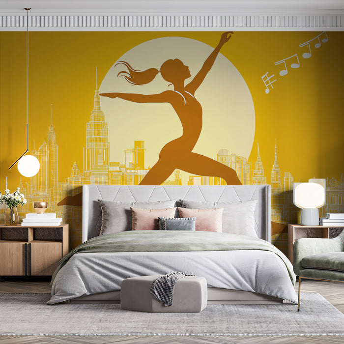 Ballerino della Città nel Muro Murale di Luce Dorata | Movimento Urbano e Melodia