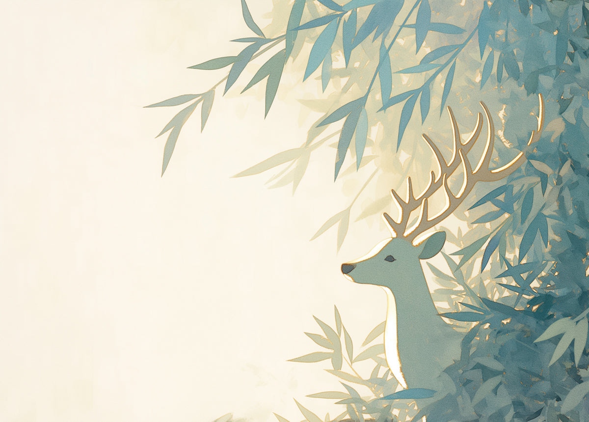 Deer and Bamboo Mural Wallpaper | Green Blue and Beige Bamboo and Deer