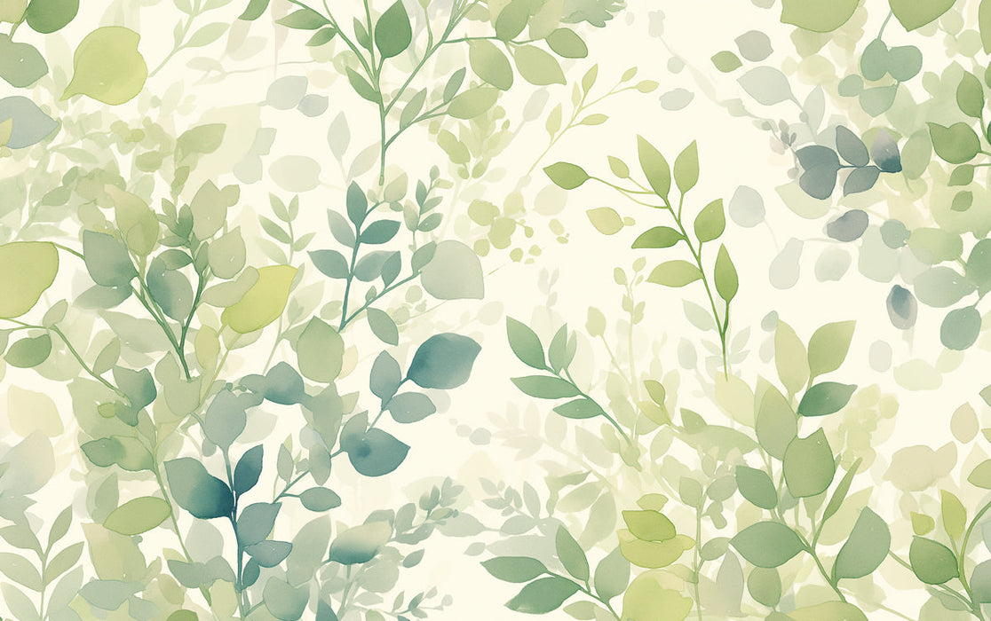Green Leafy Mural Wallpaper for a living room | Various Shades of Green and Beige Leaves