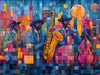 A vibrant mosaic-style wallpaper pattern featuring jazz musicians playing saxophone and double bass in a city setting.