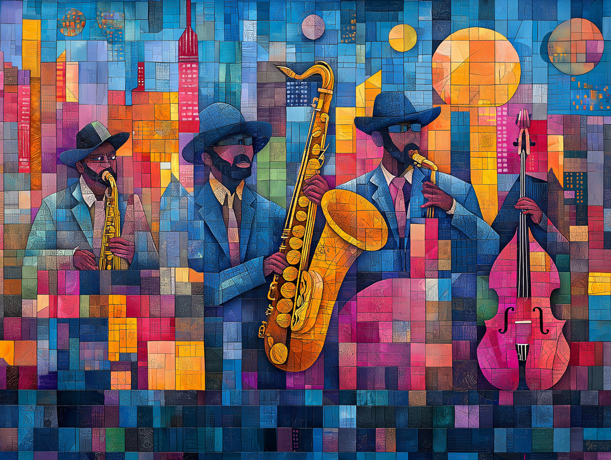 A vibrant mosaic-style wallpaper pattern featuring jazz musicians playing saxophone and double bass in a city setting.